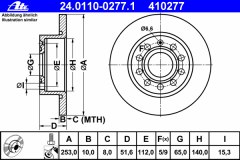 Диск тормозной задн, AUDI для SKODA OCTAVIA II (1Z3) 2.0 TDI 2010-2013, код двигателя CFHF,CLCA, V см3 1968, кВт 81, л.с. 110, Дизель, Ate 24011002771