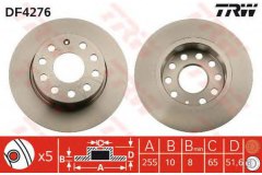 Диск тормозной задний OCTAVIA (1Z_, 5E_), VW GOLF V-VI, JETTA IV DF4276 для SKODA OCTAVIA II Combi (1Z5) 1.4 2006-2013, код двигателя BUD,CGGA, V см3 1390, кВт 59, л.с. 80, бензин, TRW/Lucas DF4276